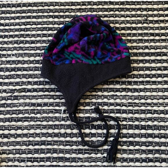 🌿LL Bean Vintage Purple Black Ear Flap Tie Geometric Fleece Hat Youth - Picture 1 of 7